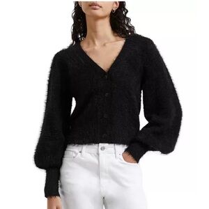 French Connection Black Furry Meena Fluffy V Neck Cardigan sz XL